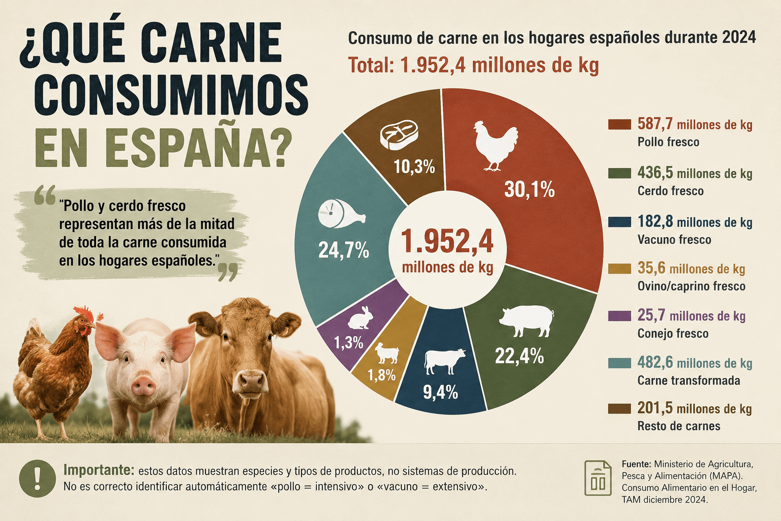 El MAPA cifra para 2024 el consumo doméstico total de carne en unos 1.952,4 millones de kg, incluyendo carne fresca y otros productos cárnicos.